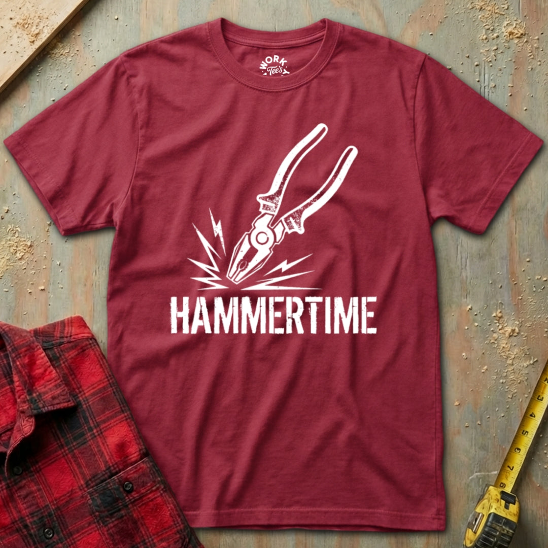 Maroon t-shirt with white graphic and 'HAMMERTIME' text on a textured surface.