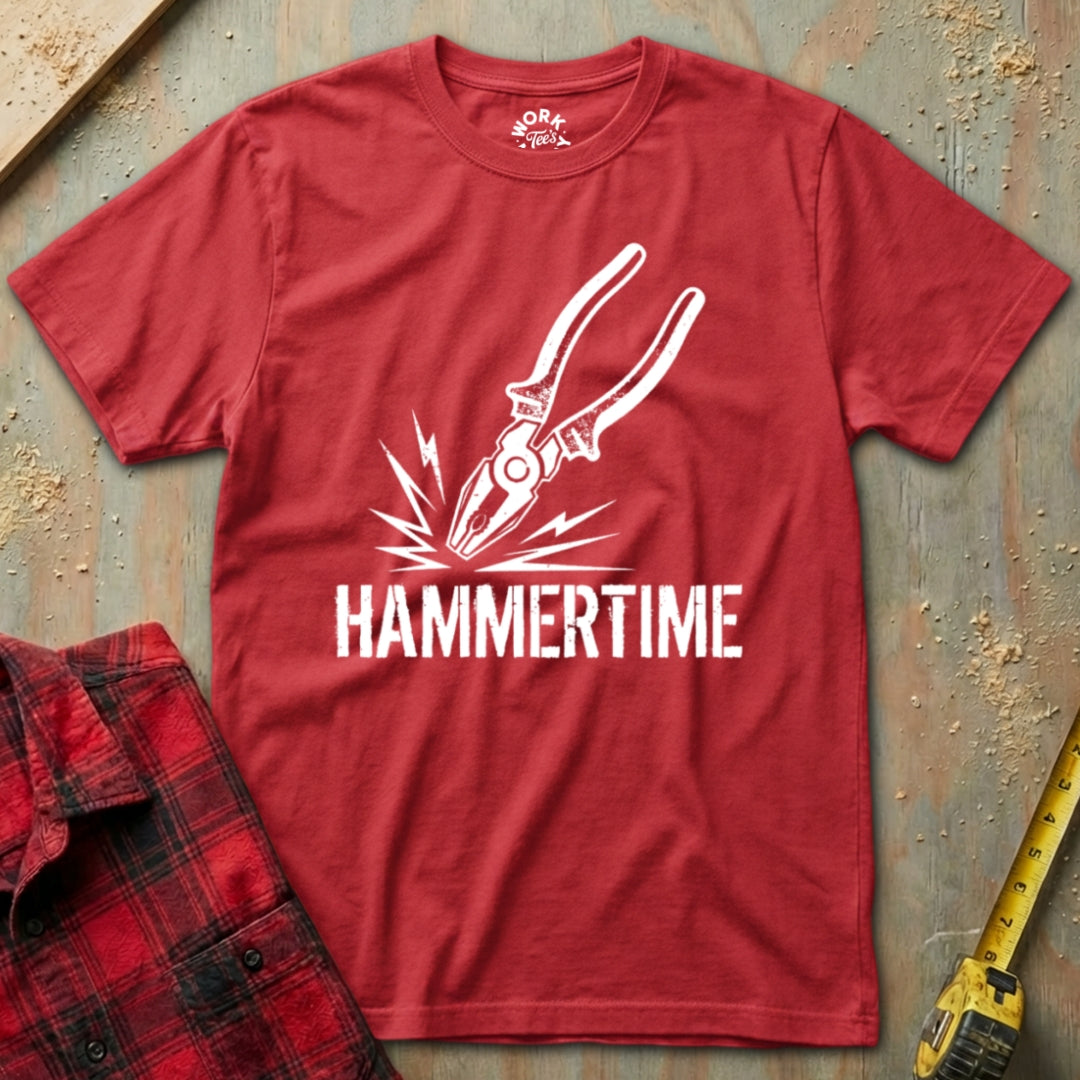 Red t-shirt with 'HAMMERTIME' graphic on a rustic background