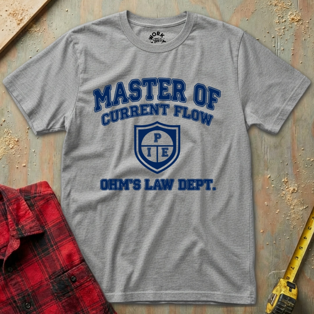Gray t-shirt with blue text and logo on a textured surface with red plaid shirt and yellow tool in background
