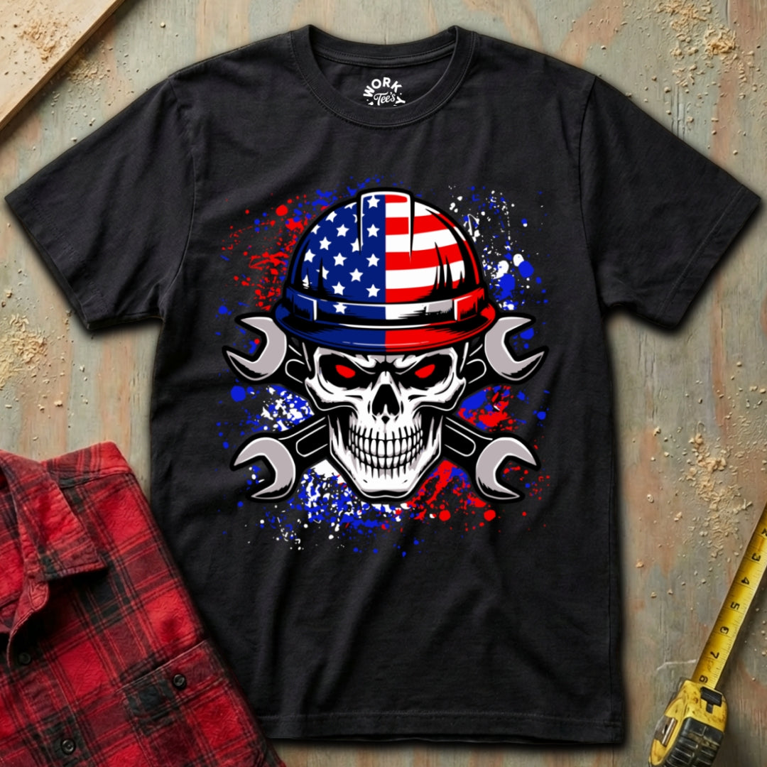 Black t-shirt with a skull wearing an American flag hard hat design on a textured surface.