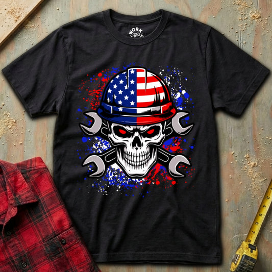 Black t-shirt with a skull wearing an American flag hard hat design on a textured surface.