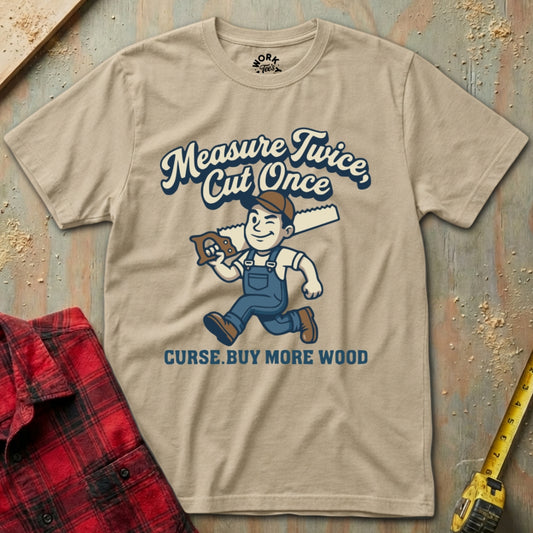 Beige t-shirt with a graphic design and text on a wooden background