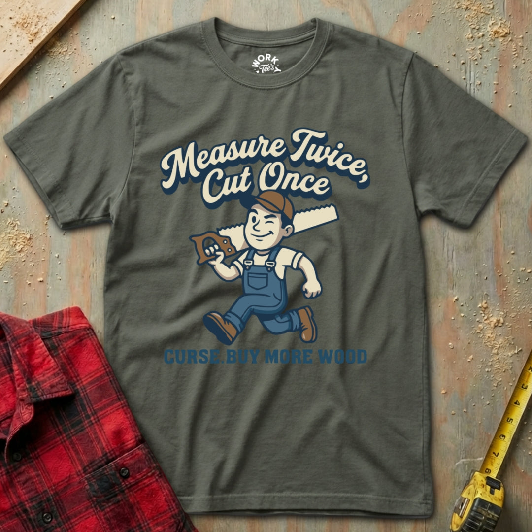 Military Green t-shirt with a graphic design and text on a wooden surface with tools.