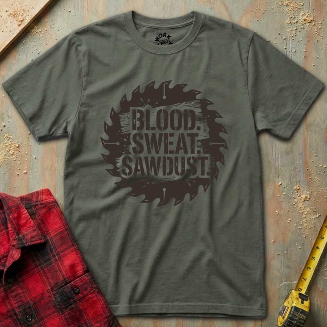 Gray t-shirt with 'Blood Sweat Sawdust' graphic on a rustic wooden background