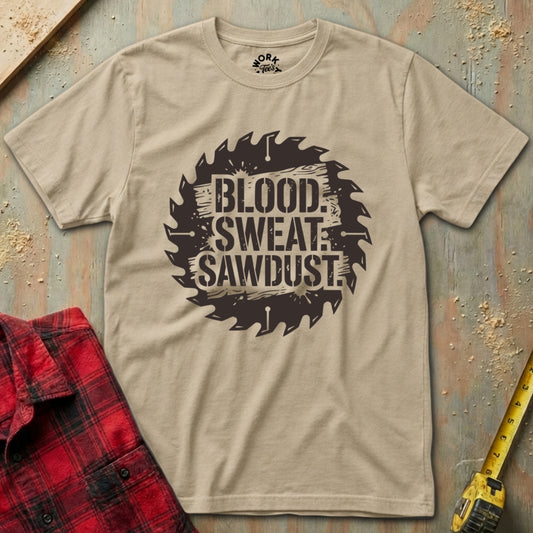 Beige t-shirt with 'Blood Sweat Sawdust' graphic on a wooden background