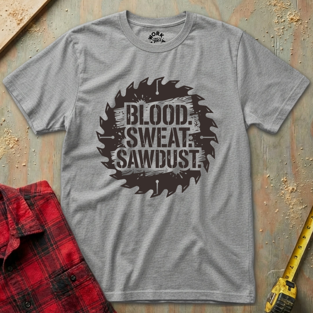 Gray t-shirt with 'Blood Sweat Sawdust' graphic on a wooden background