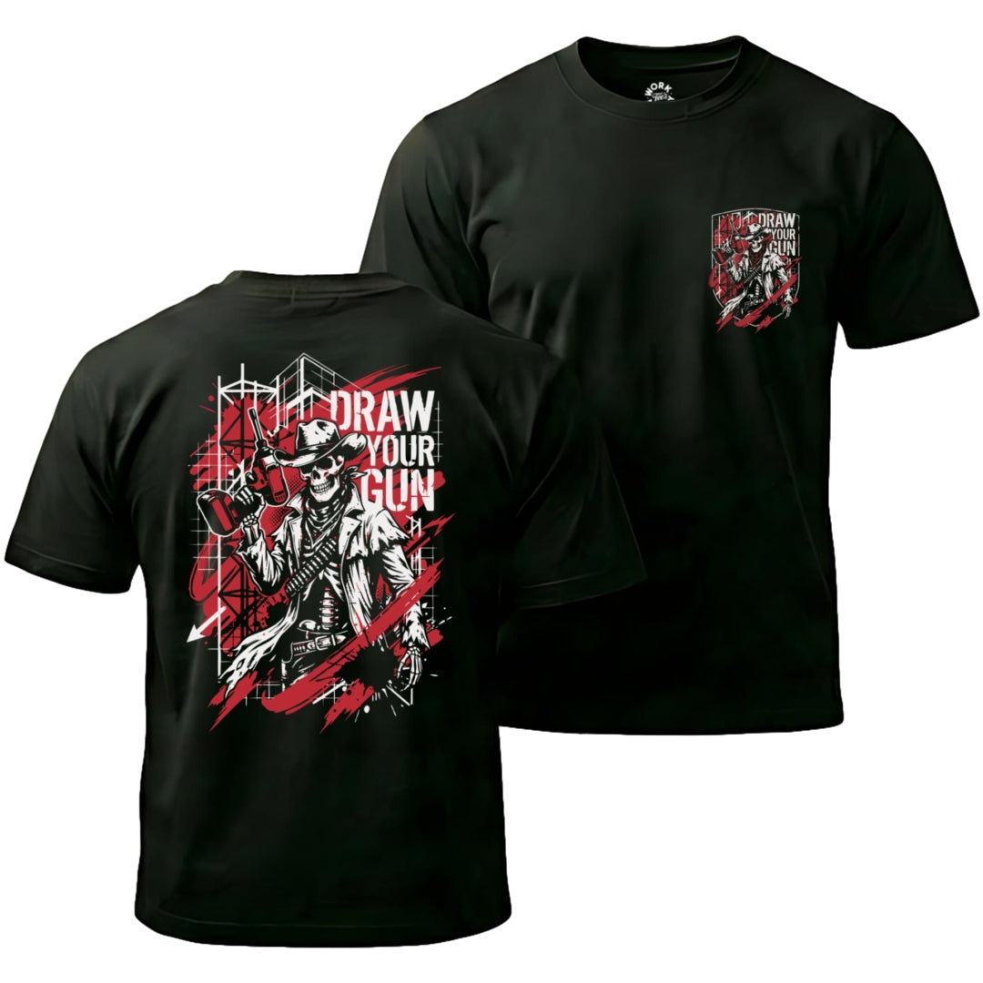 Black t-shirt with graphic design and text 'Draw Your Gun' on a white background