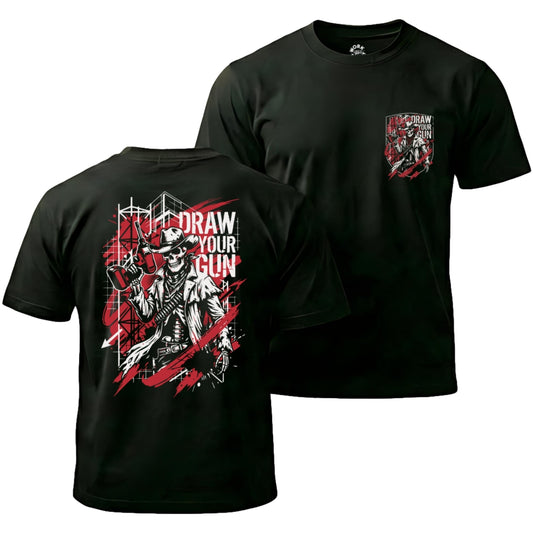 Black t-shirt with graphic design and text 'Draw Your Gun' on a white background
