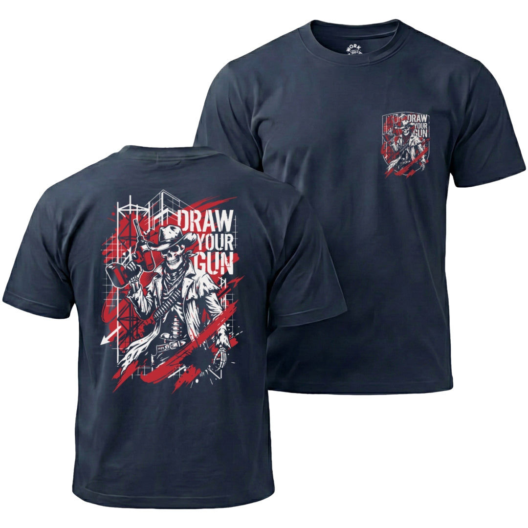 Navy blue t-shirt with graphic design on front and back, featuring a cowboy and text 'Draw Your Gun'.