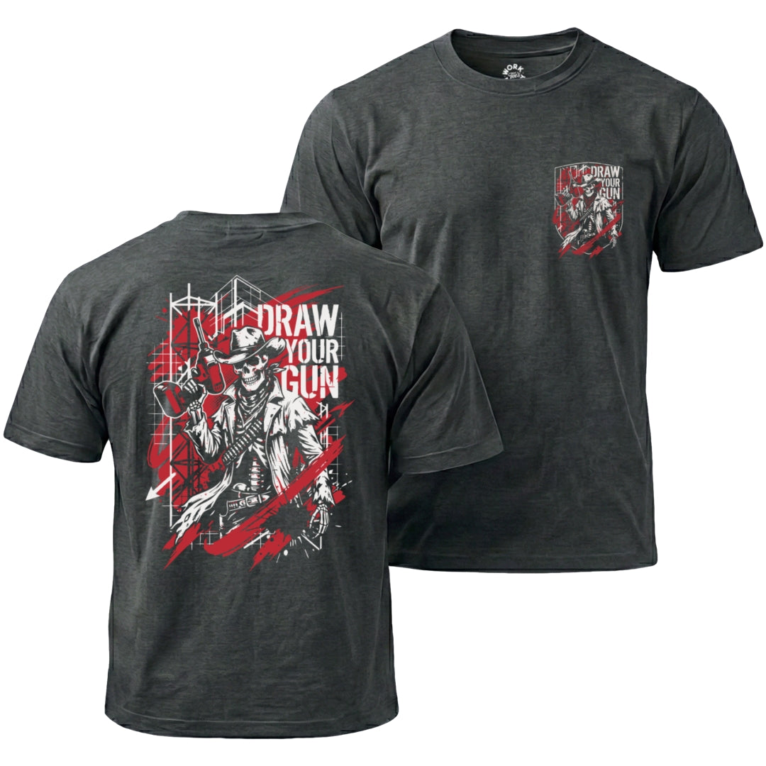 Black t-shirt with graphic design and 'Draw Your Gun' text on a white background