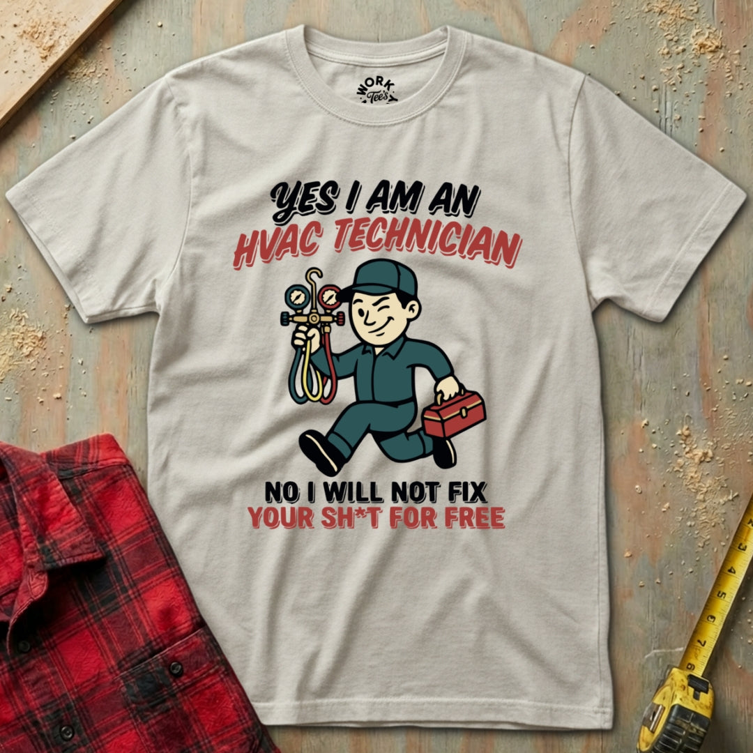 Gray t-shirt with HVAC technician graphic and text on a textured surface.