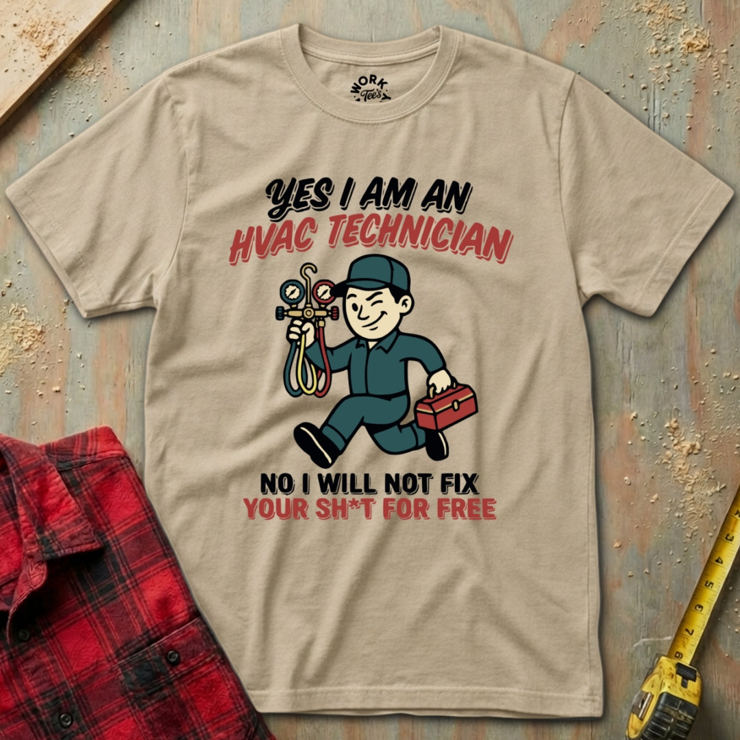 Beige t-shirt with HVAC technician graphic and text on a wooden background