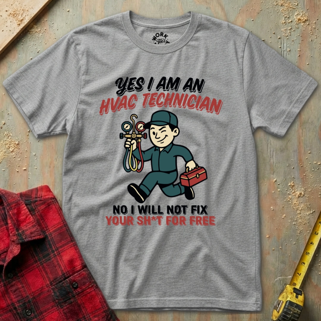 Gray t-shirt with HVAC technician graphic and text on a textured surface.