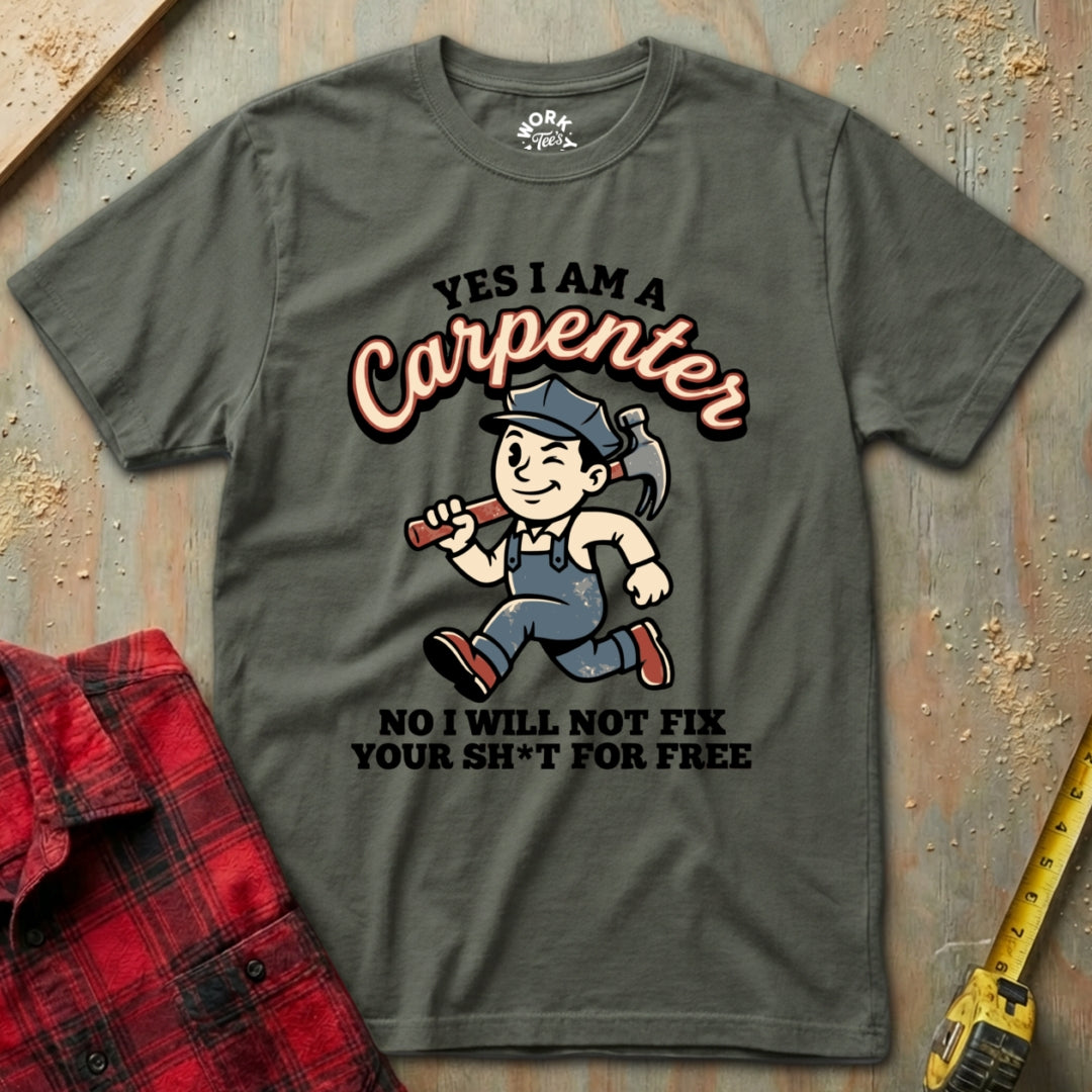 Military Green t-shirt with a cartoon carpenter graphic and text on a wooden background