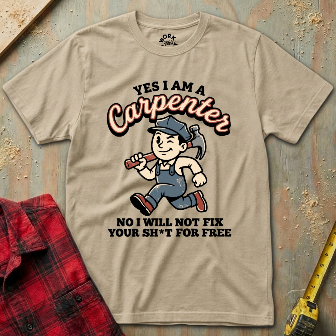 Beige t-shirt with a carpenter graphic and text on a wooden background
