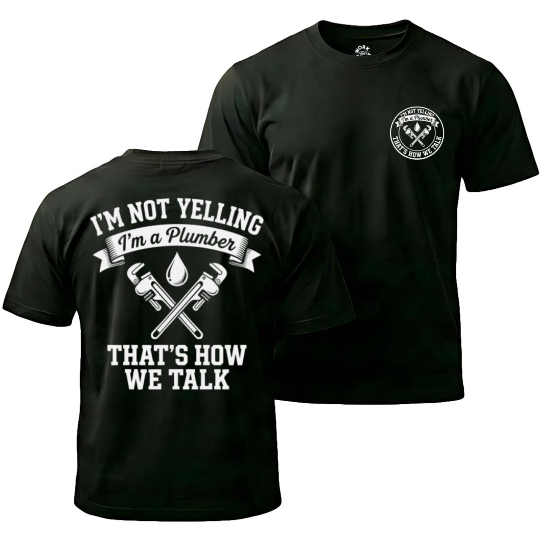 Black t-shirt with plumber graphic and text on front and back