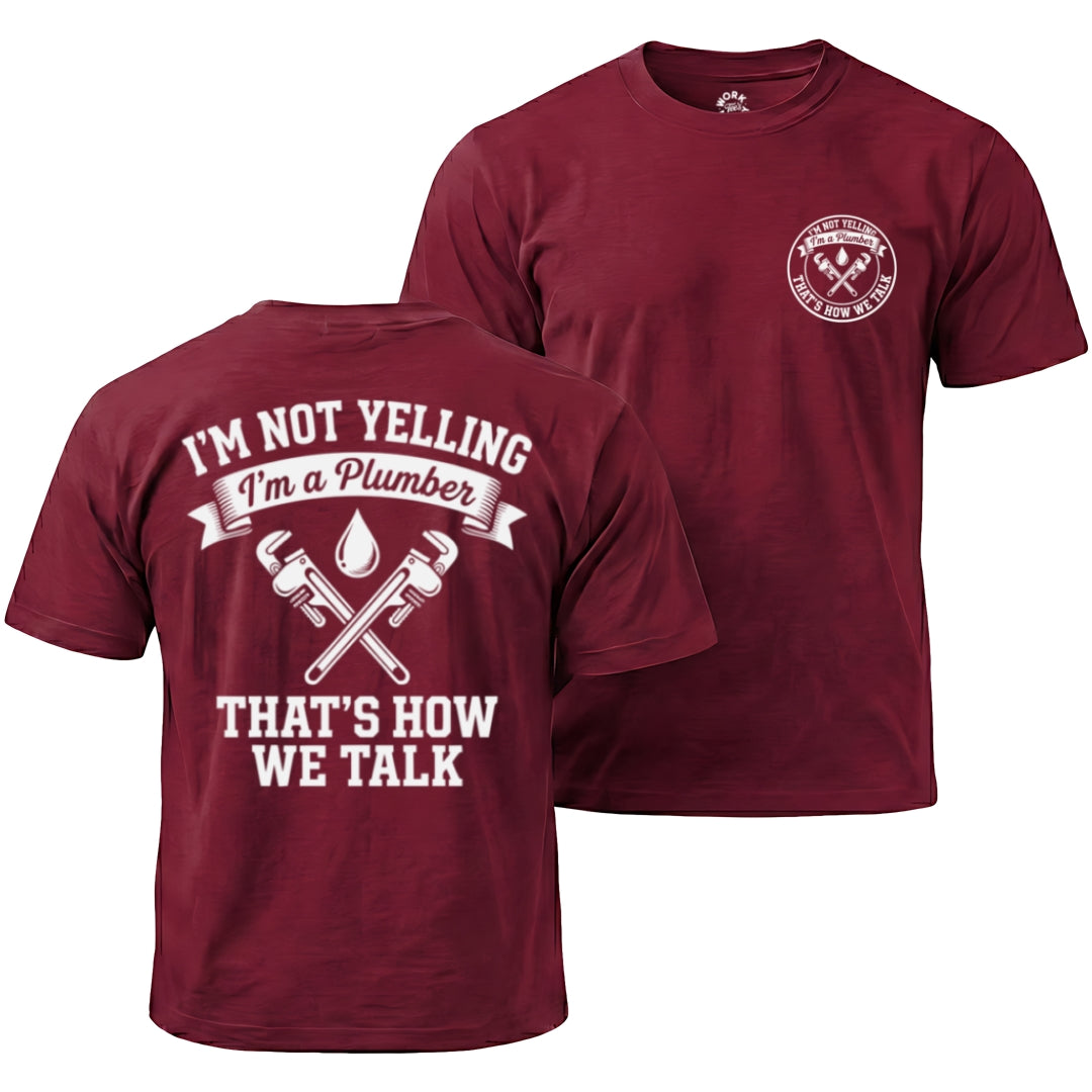 Cardinal Red t-shirt with plumber graphic and text on front and back