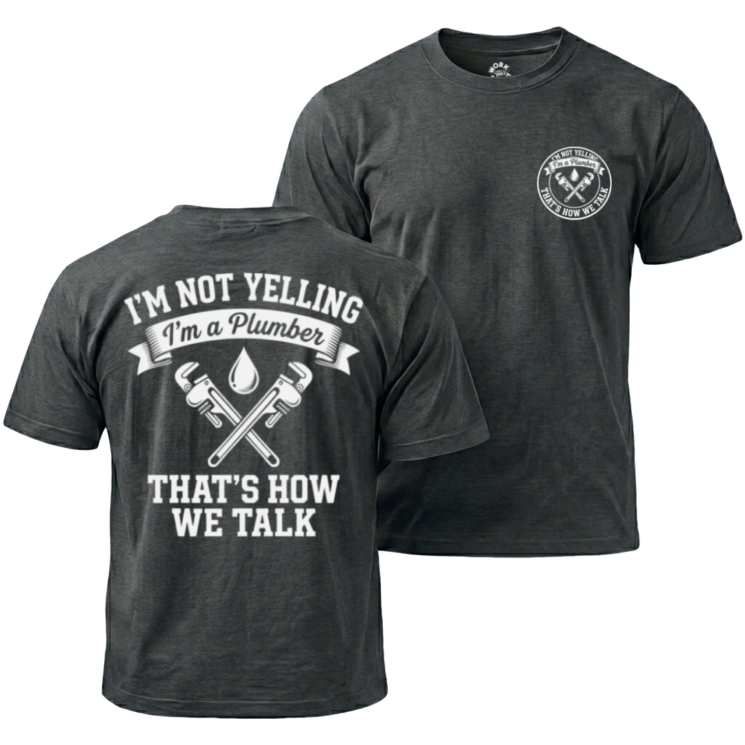Dark Heather t-shirt with plumber graphic and text on front and back