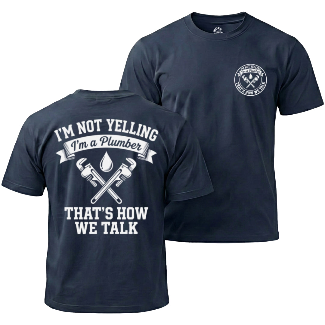 Navy t-shirt with plumber graphic and text on front and back