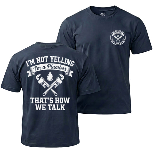 Navy t-shirt with plumber graphic and text on front and back