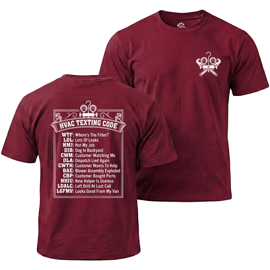 Red  t-shirt with HVAC terminology text on a white background