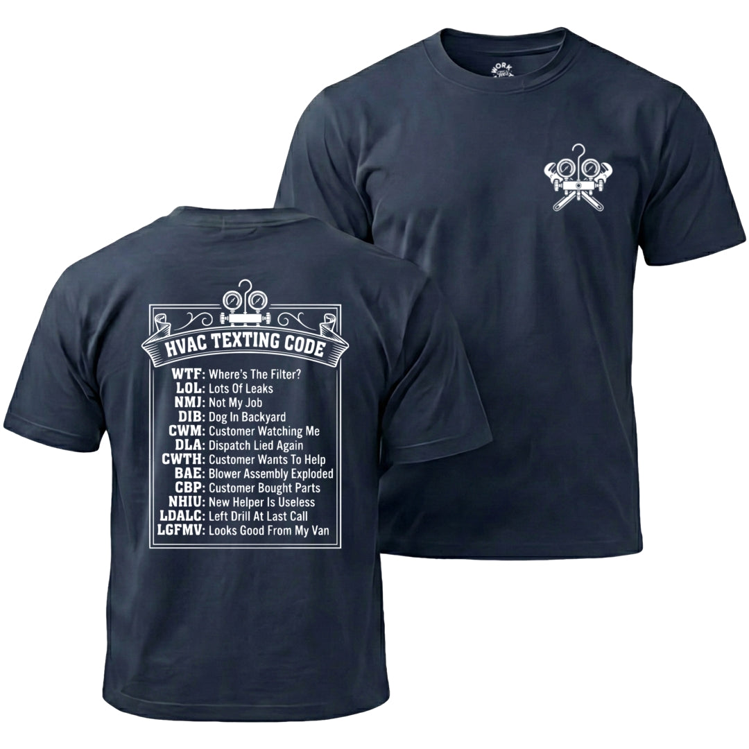 Navy  t-shirt with HVAC terminology text on a white background