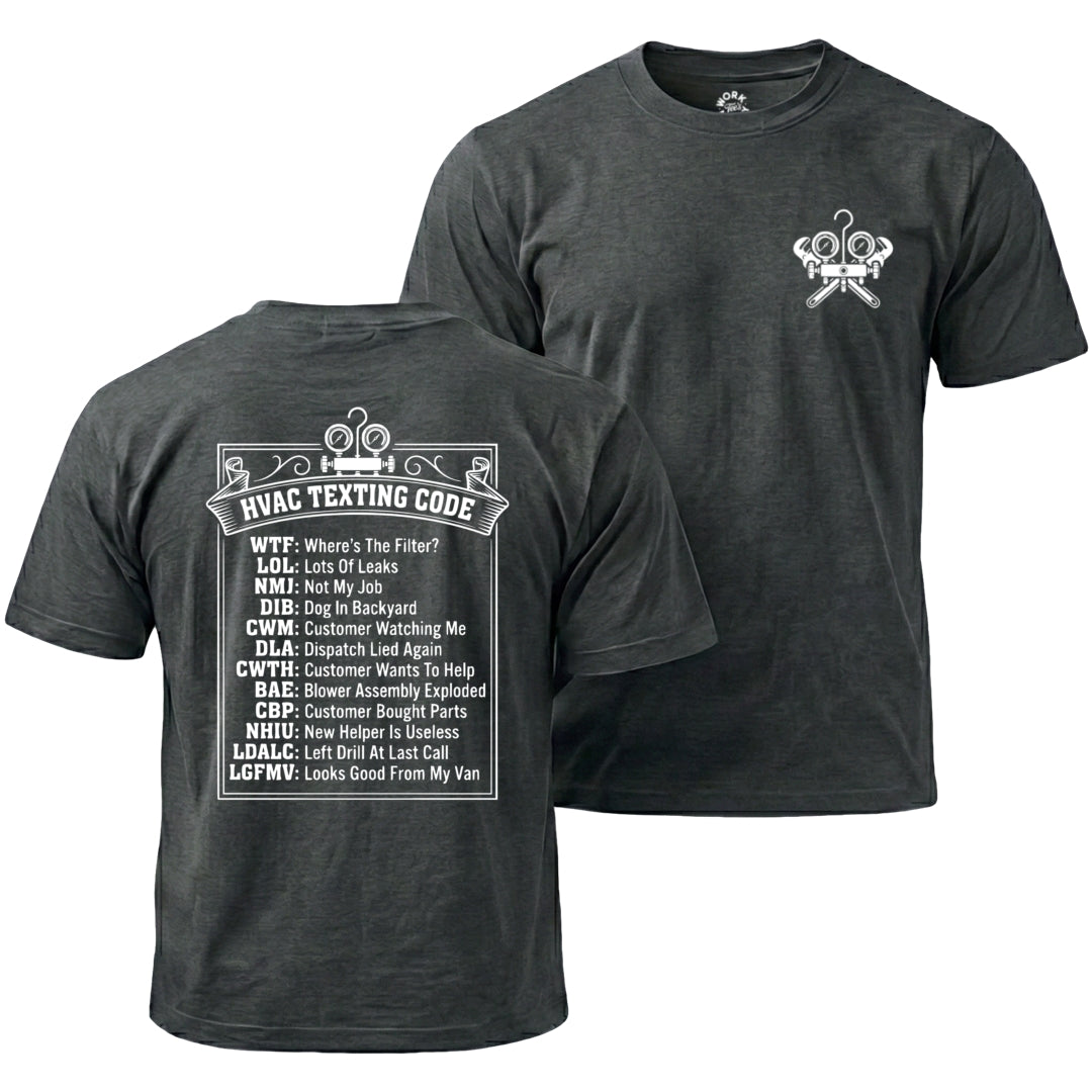 Dark Heather t-shirt with HVAC terminology text on a white background