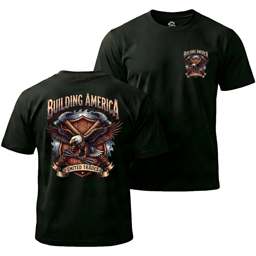 Black t-shirt with plumber graphic and text on front and back