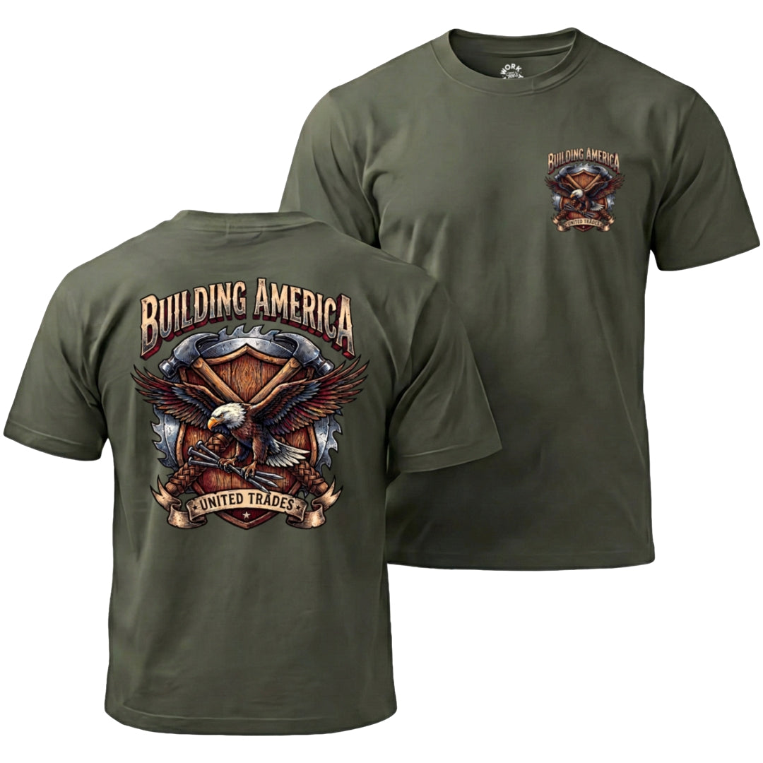Green t-shirt with eagle design and 'Building America United Trades' text on a white background