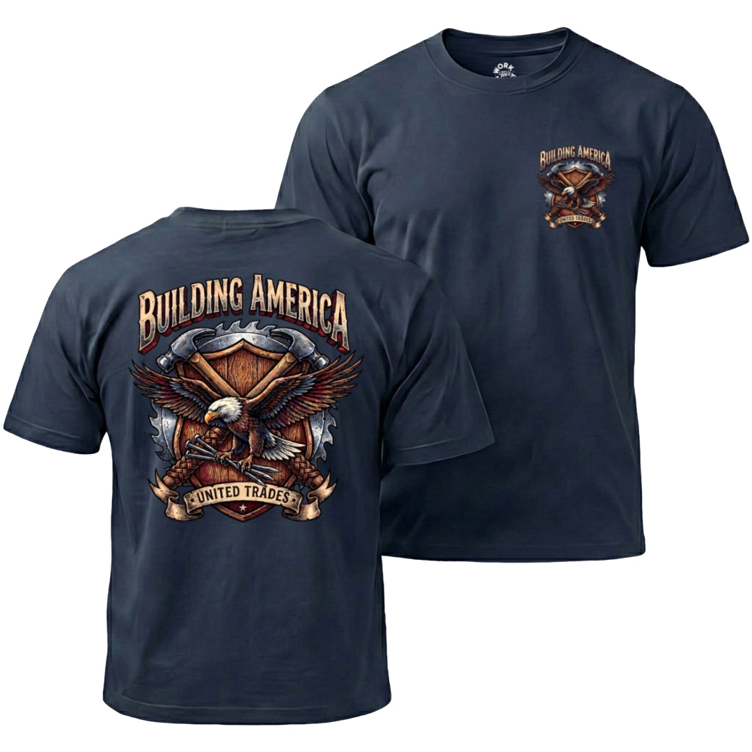 Navy blue t-shirt with eagle design and 'Building America United Trades' text on front and back.