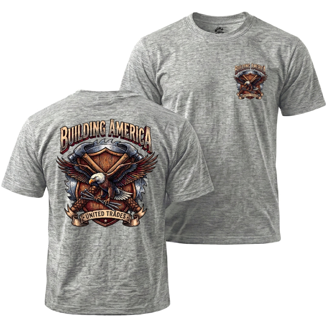 Gray t-shirt with eagle and shield graphic on front and back, featuring 'Building America United Trades' text.
