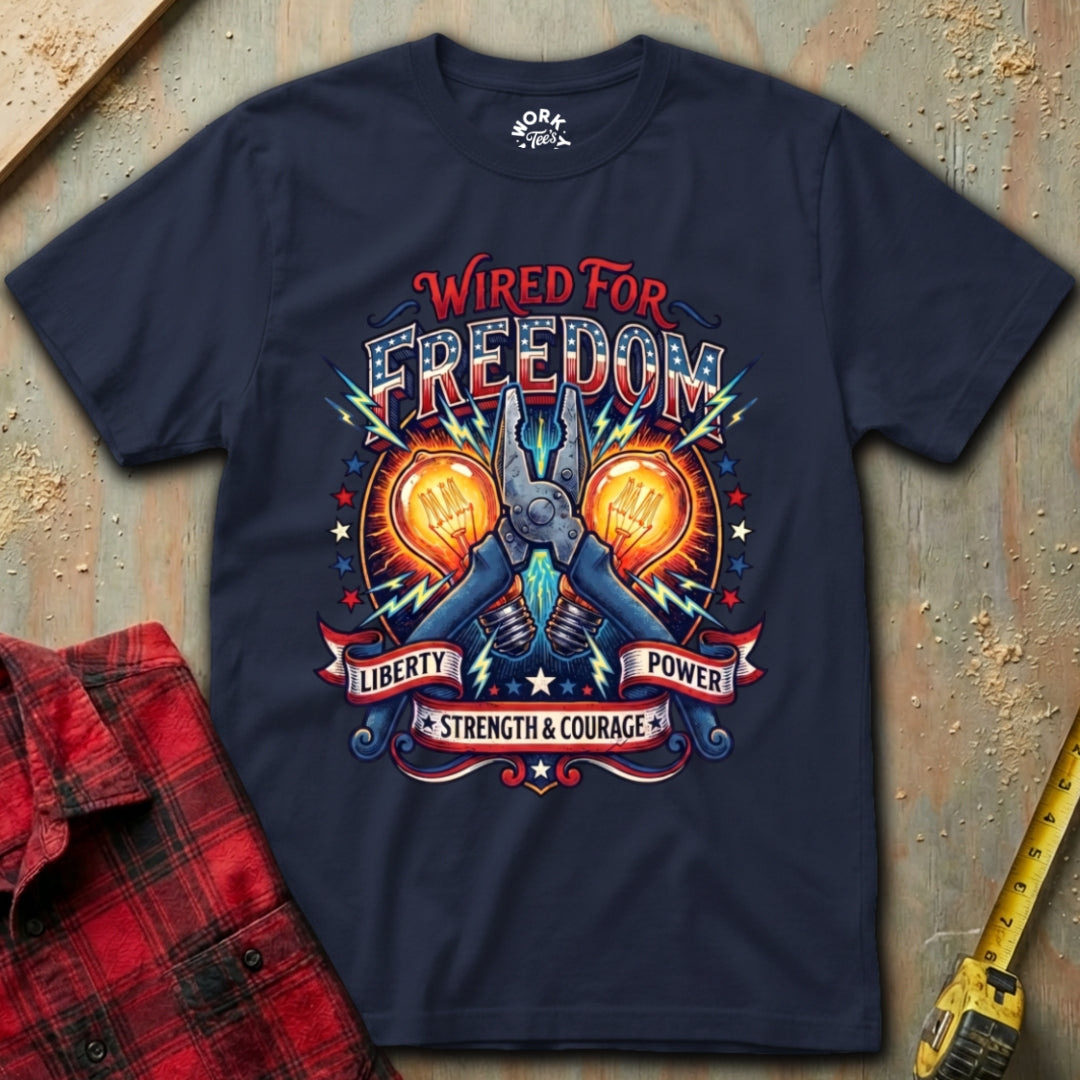 Navy blue t-shirt with 'Wired for Freedom' graphic design on a textured surface.