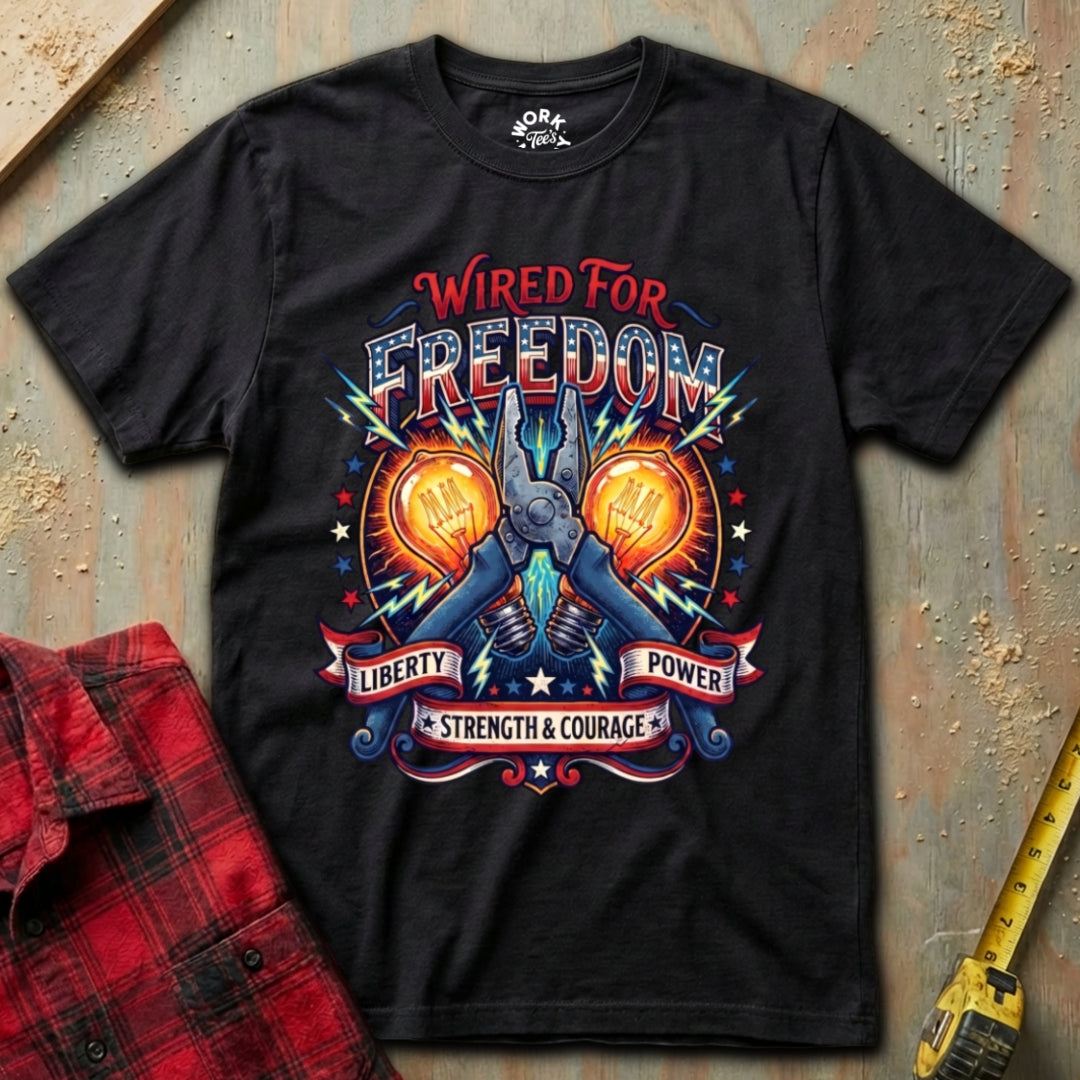 Black t-shirt with 'Wired for Freedom' graphic design on a textured surface.