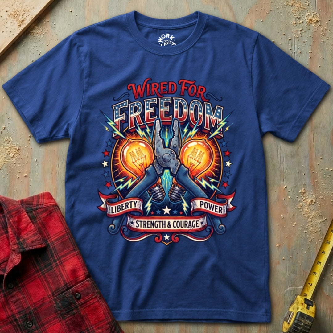 Blue t-shirt with 'Wired for Freedom' graphic design on a textured surface.