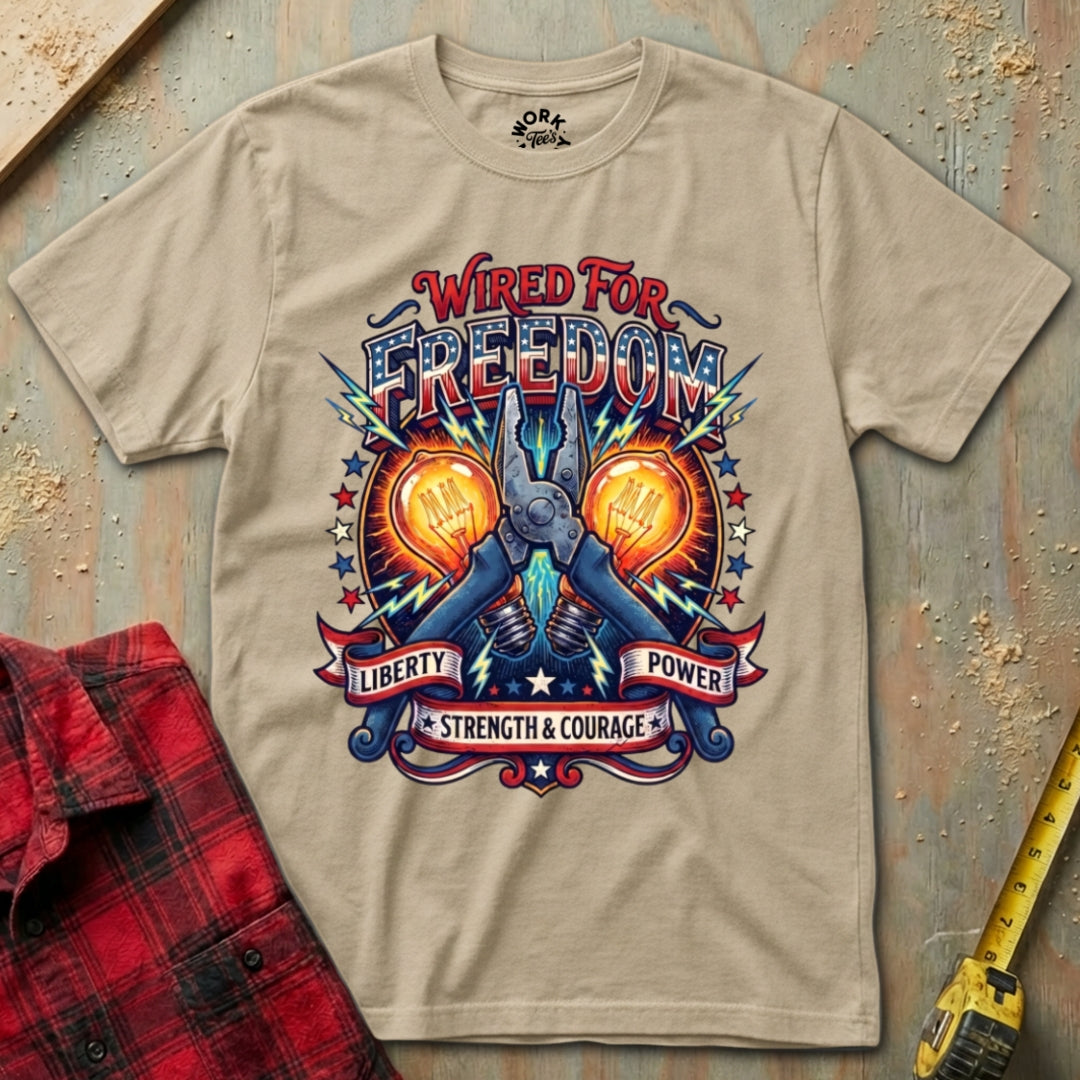 Beige t-shirt with 'Wired for Freedom' graphic design on a wooden surface with tools.