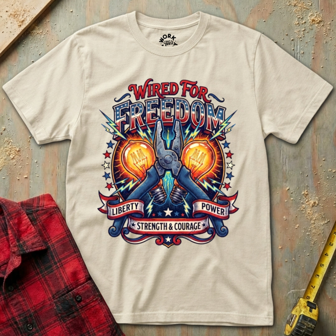 Natural t-shirt with 'Wired for Freedom' graphic design on a textured surface with plaid shirt and tape measure.