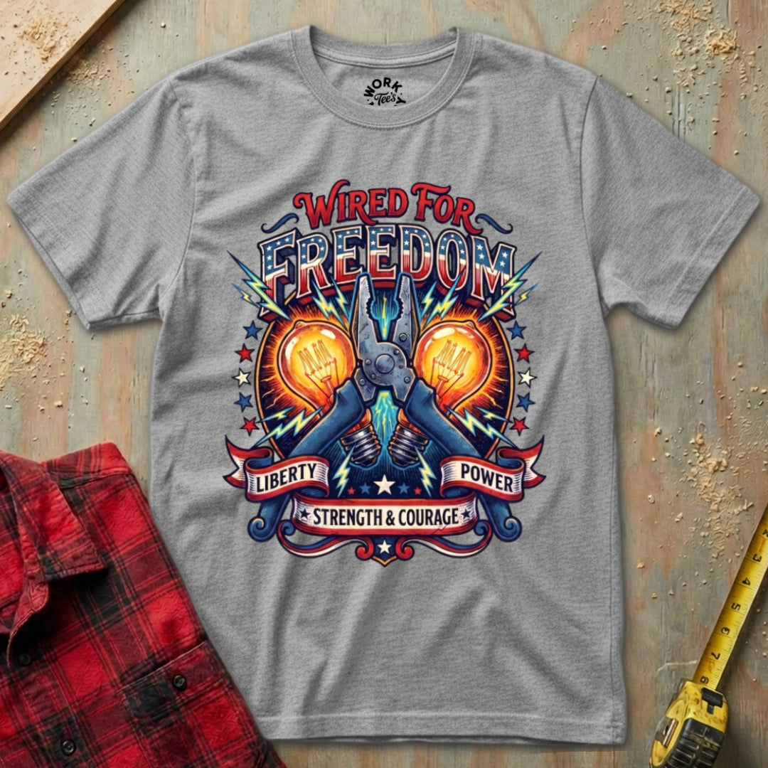 Gray t-shirt with 'Wired for Freedom' graphic design on a textured surface.