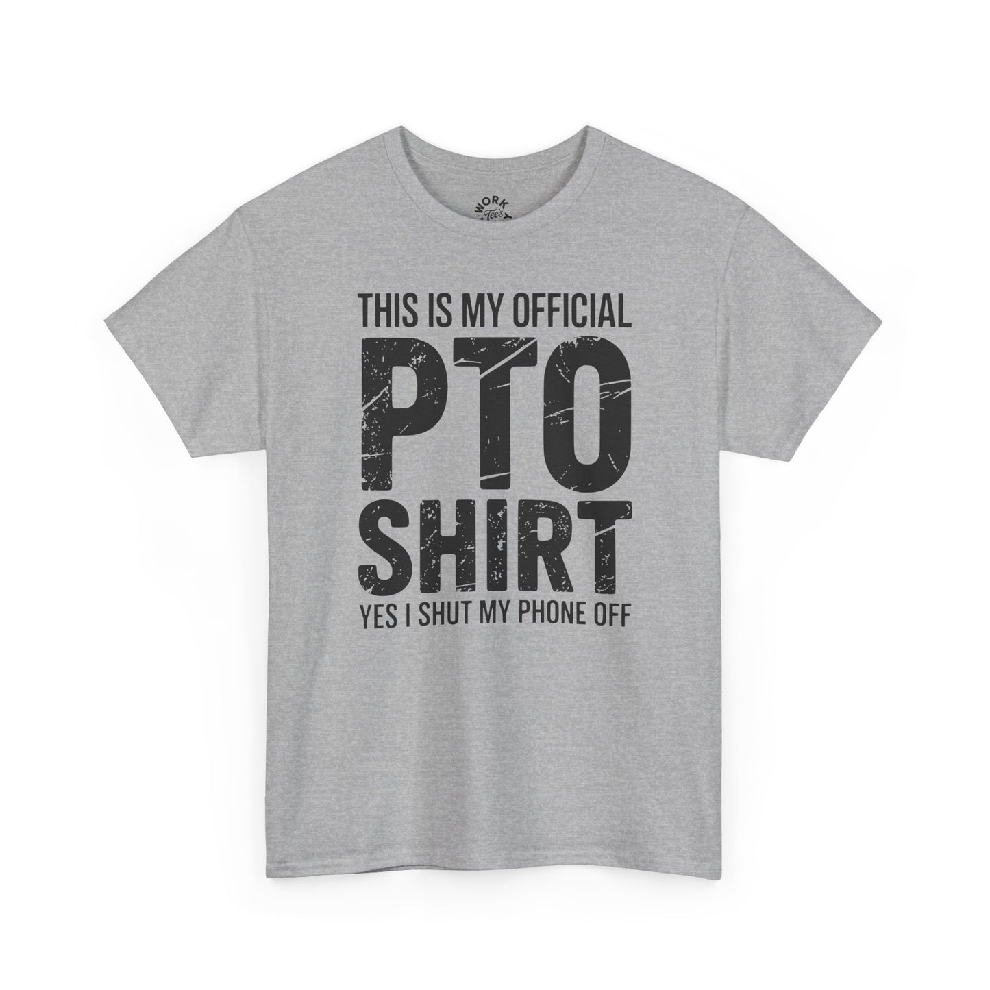 Grey T-shirt with text 'PTO SHIRT' on white background