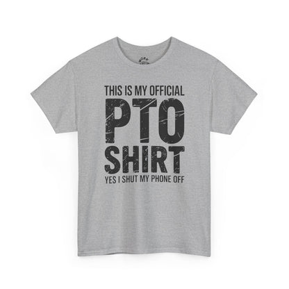 Grey T-shirt with text 'PTO SHIRT' on white background