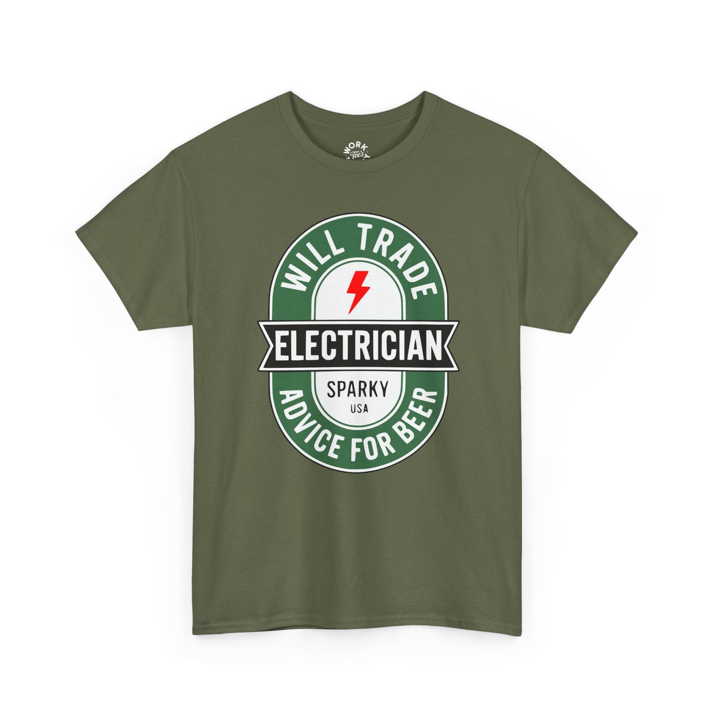 Green t-shirt with electrician graphic and text on a white background
