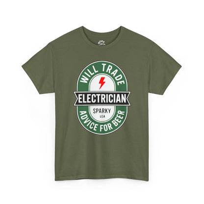 Green t-shirt with electrician graphic and text on a white background