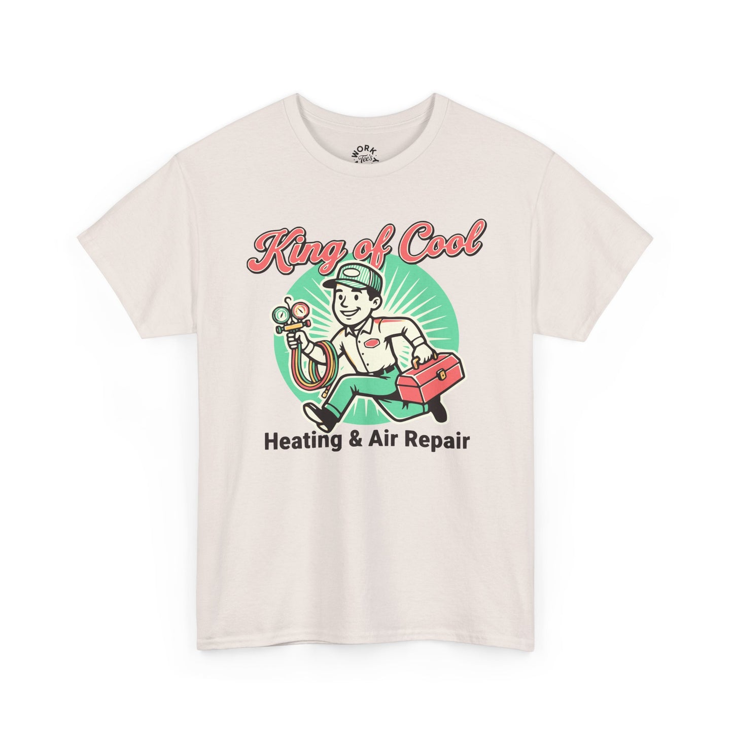 Beige t-shirt with 'King of Cool Heating & Air Repair' graphic on a white background