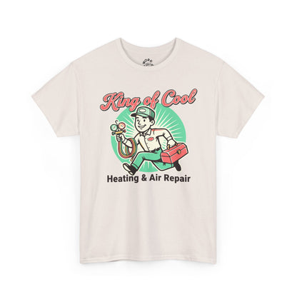 Beige t-shirt with 'King of Cool Heating & Air Repair' graphic on a white background