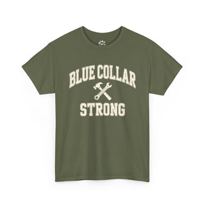 Green t-shirt with 'Blue Collar Strong' text and tools graphic on a white background