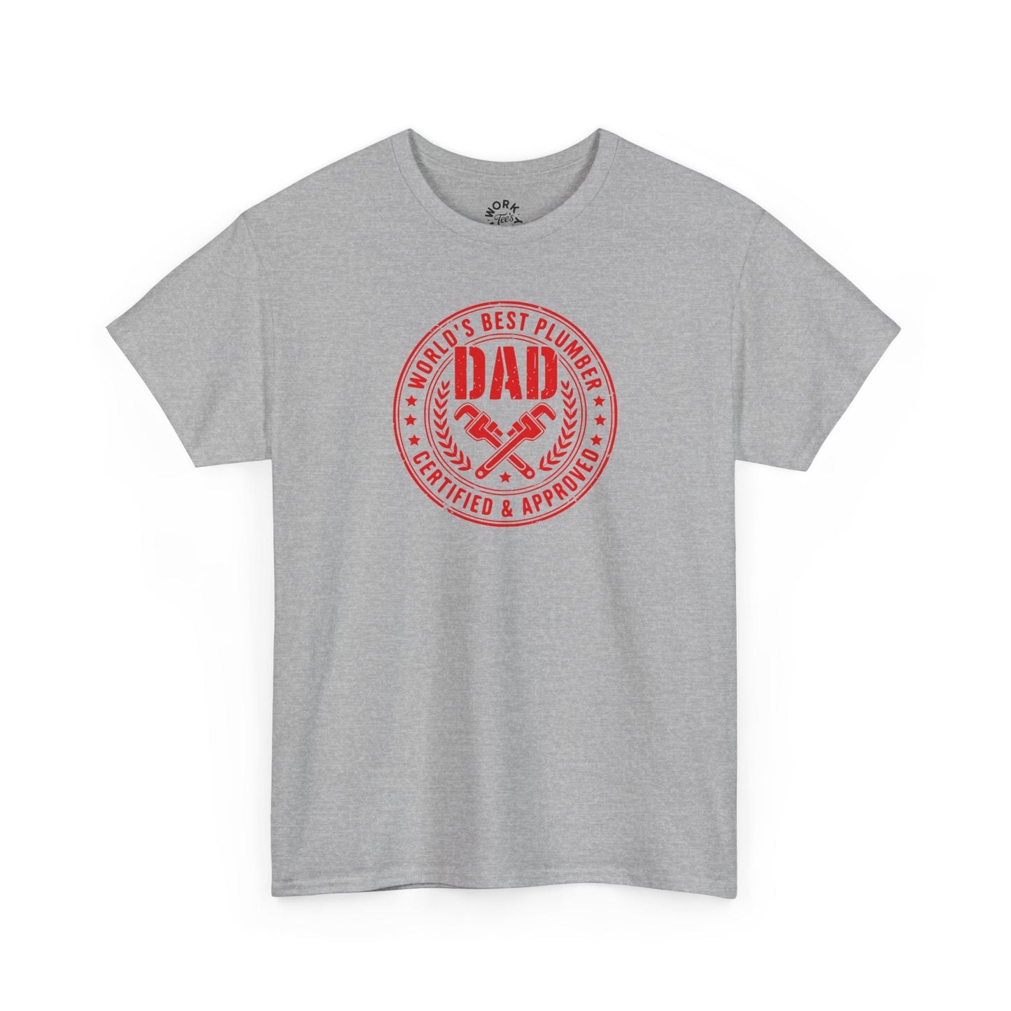 Gray t-shirt with red 'DAD' graphic on a white background