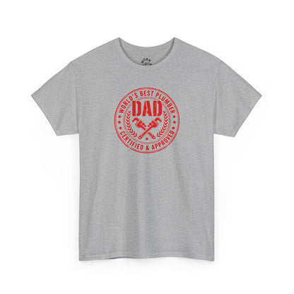 Gray t-shirt with red 'DAD' graphic on a white background