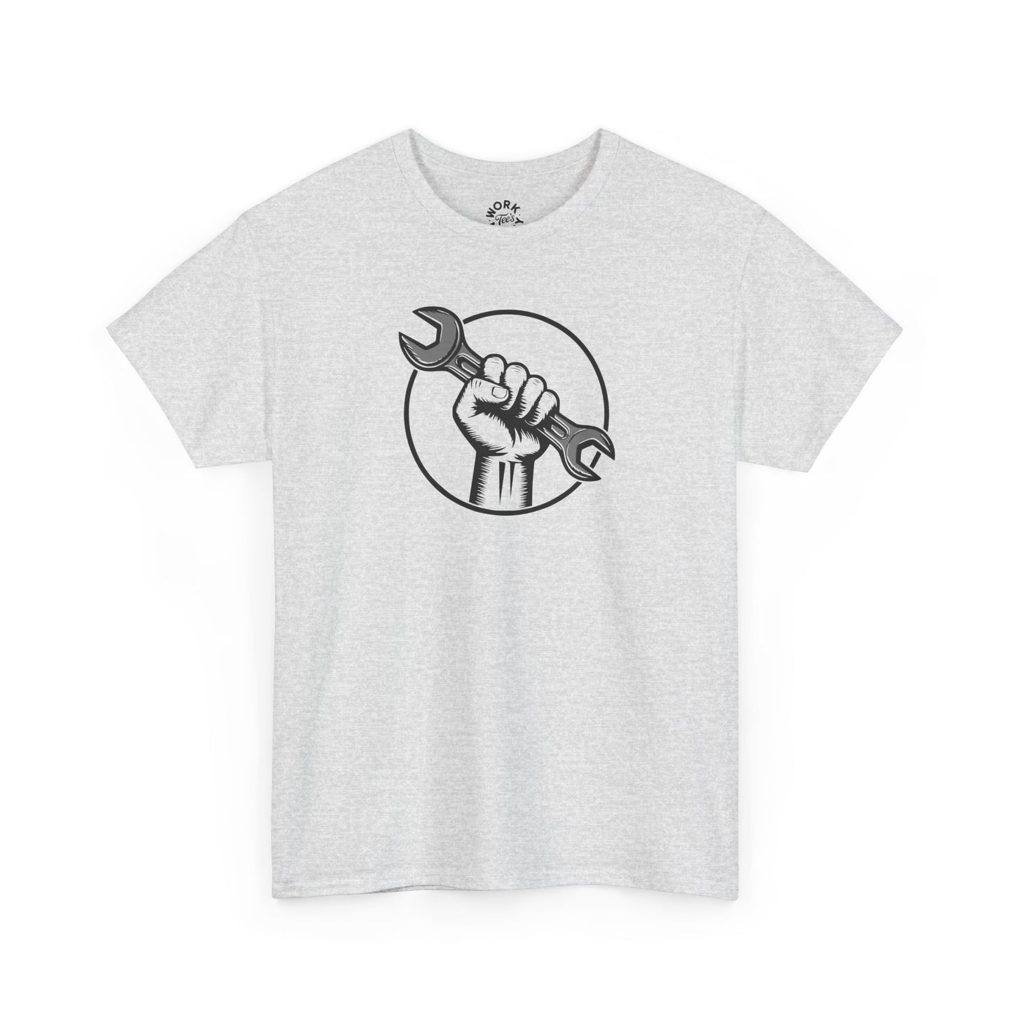 White t-shirt with a graphic of a hand holding a wrench on a white background