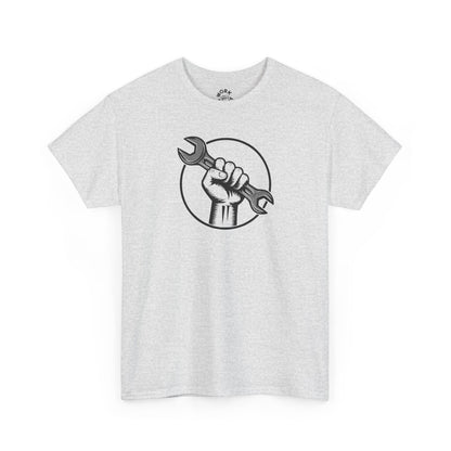 White t-shirt with a graphic of a hand holding a wrench on a white background