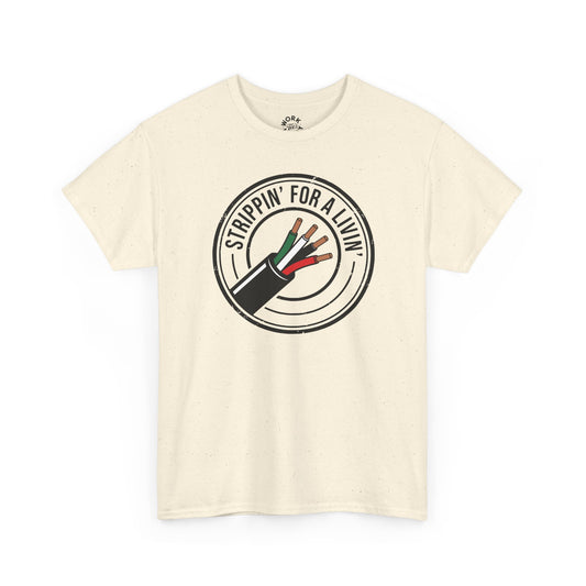 Beige t-shirt with a graphic design and text on a white background