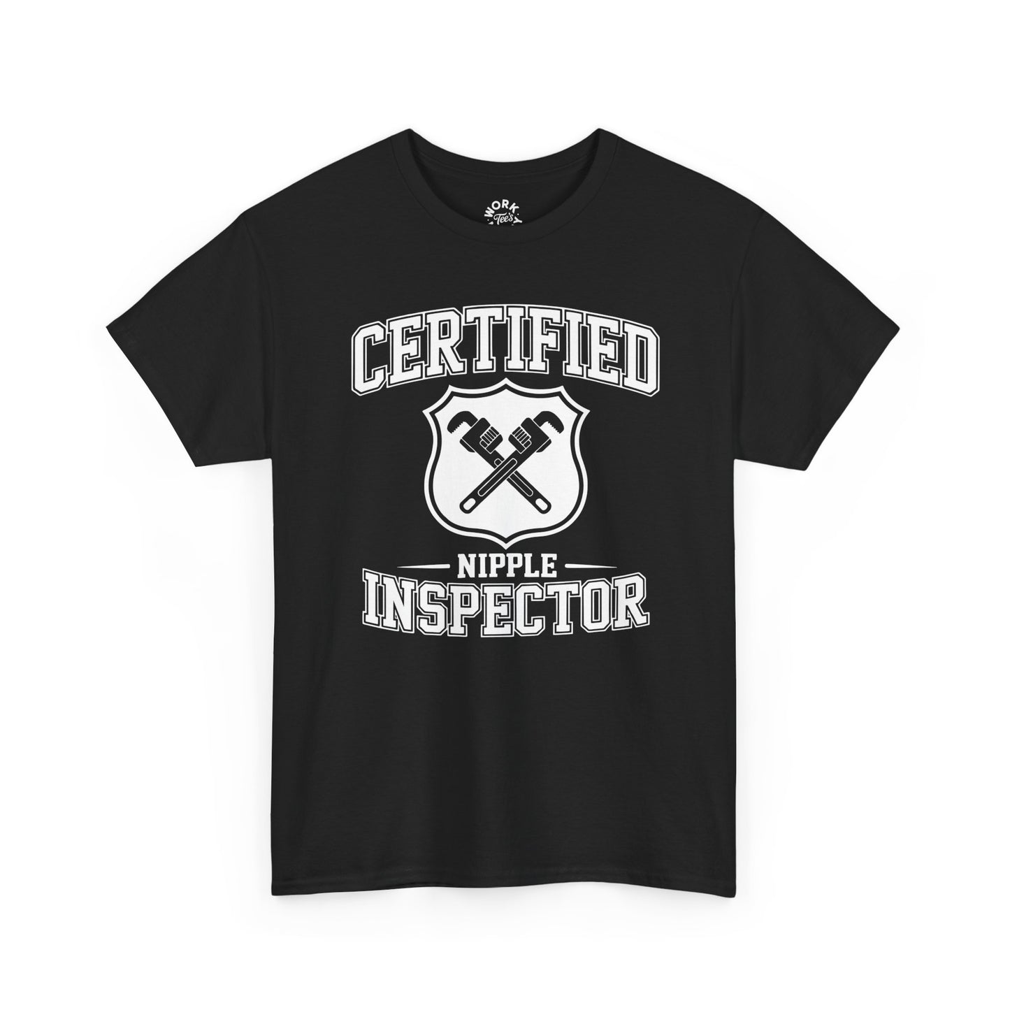 Black t-shirt with 'Certified Nipple Inspector' text and graphic on a white background